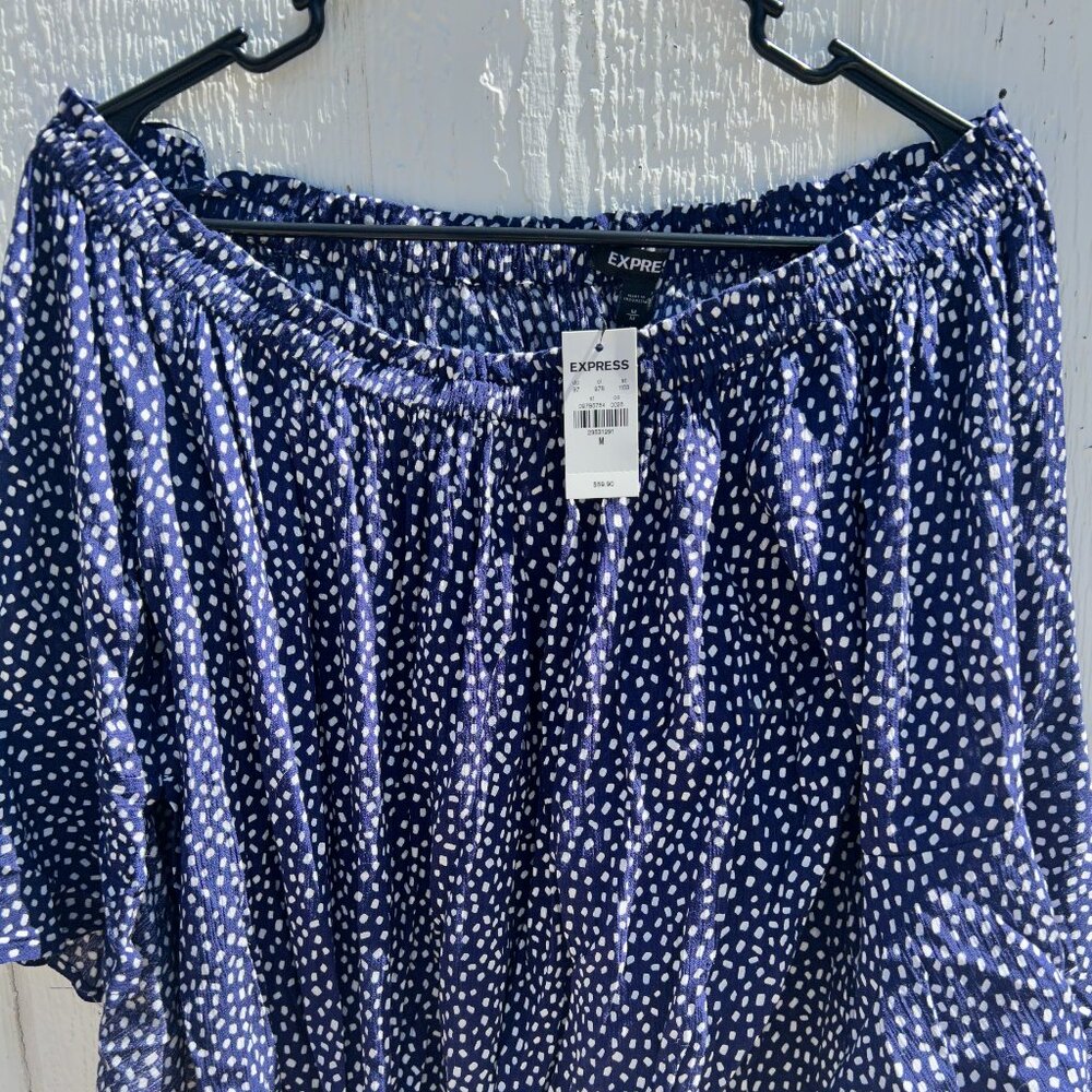 Express Blue Blouse w/ White Polka Dots
